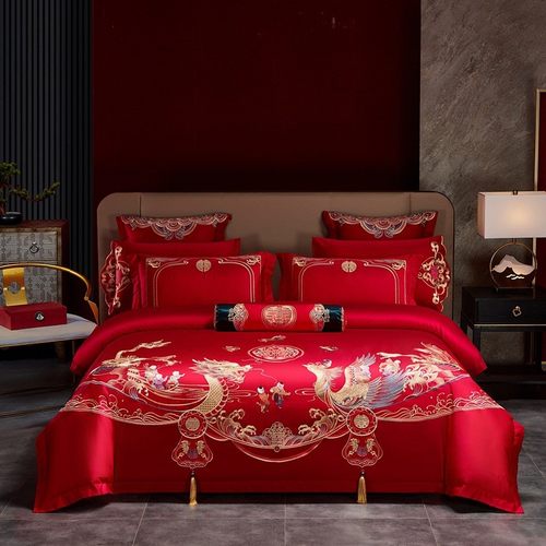 高档中式龙凤刺绣四件套大红色床笠床单被套结婚陪嫁婚庆床上用品