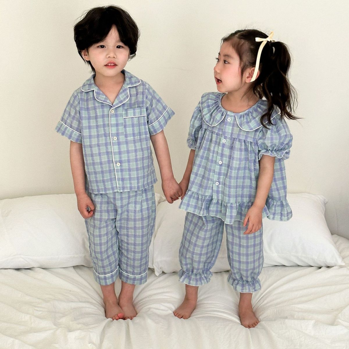 儿童睡衣夏季薄款女童纯棉全宝宝2025新款格子小孩男童家居服套装