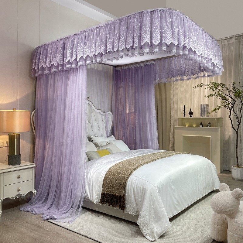 CB#新款带防尘顶U型轨道落地三开门1.8m1.5m2m床家用轨道蚊帐