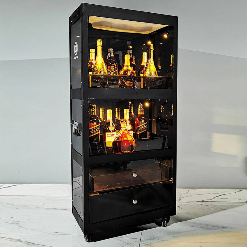 发光香槟酒柜酒吧用品红酒ktv移动展示陈列柜洋酒双层不锈钢酒架