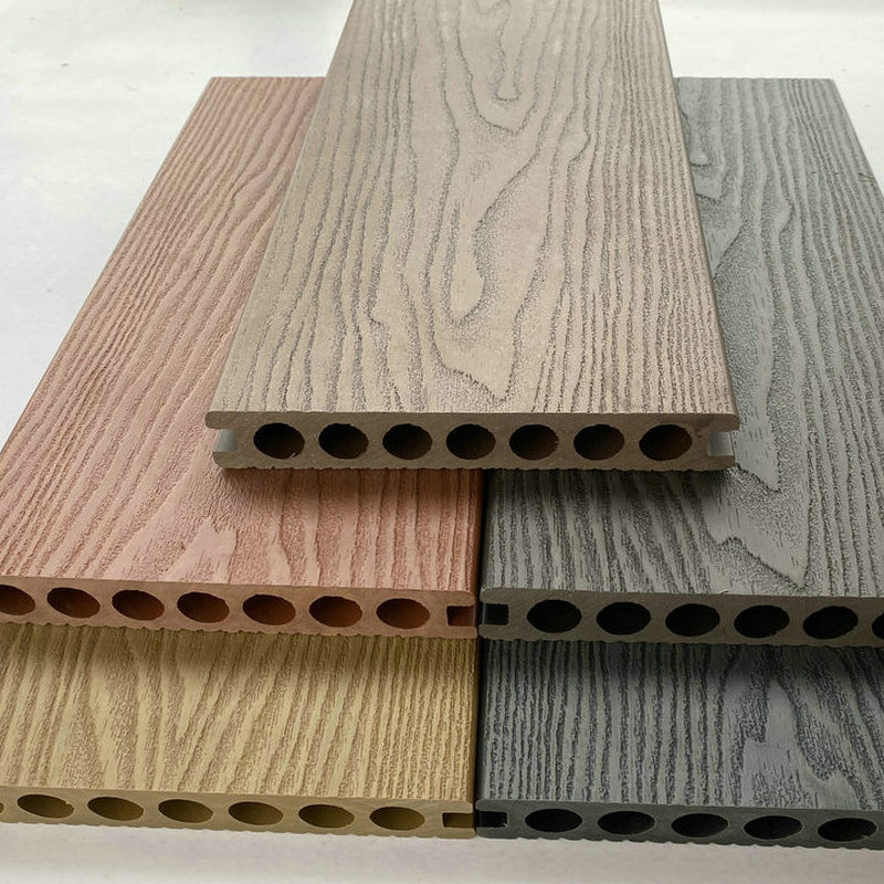 热销复合型材料木地板在线压花木地板pe拼接圆孔