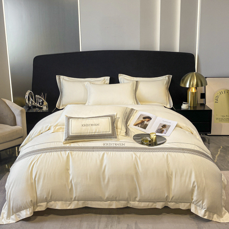 高级感床笠风100支亲肤棉四件套超柔裸睡刺绣被套轻奢床上用品6*7