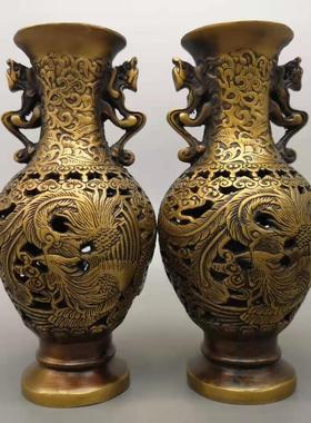 批发收藏一对复古做旧铜器工艺品黄铜龙凤花瓶古玩客厅摆件