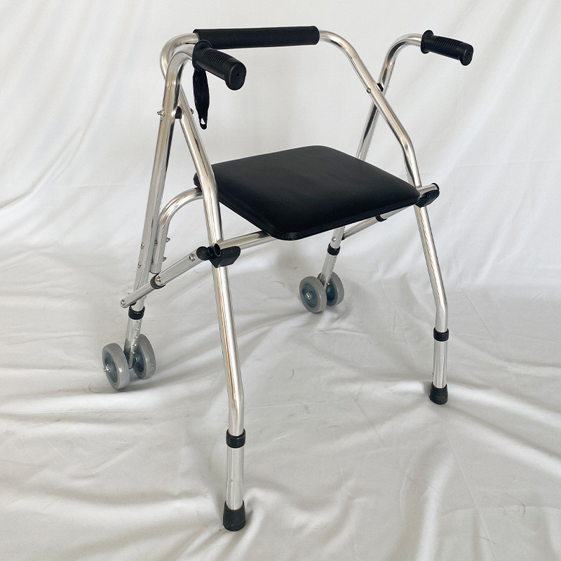 手推带轮可折叠四轮车老人用铝合金不锈钢辅助行走带座扶手助行器