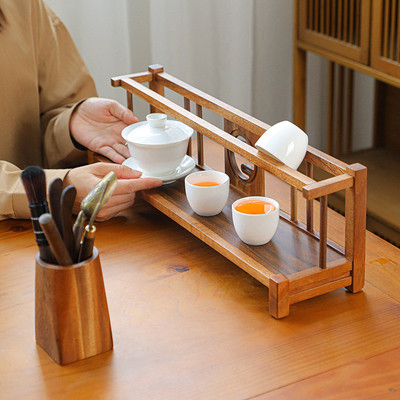 桌面置物架小型中式博古架木质茶杯收纳紫砂壶品茗茶具二层展示架
