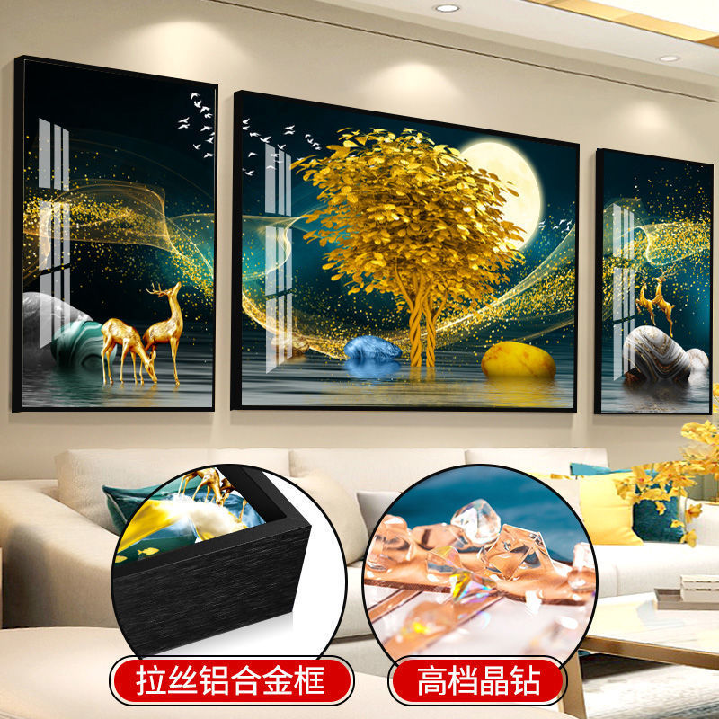 晶瓷客厅装饰画现代简约轻奢北欧发财麋鹿沙发背景墙三联镶钻挂画图片