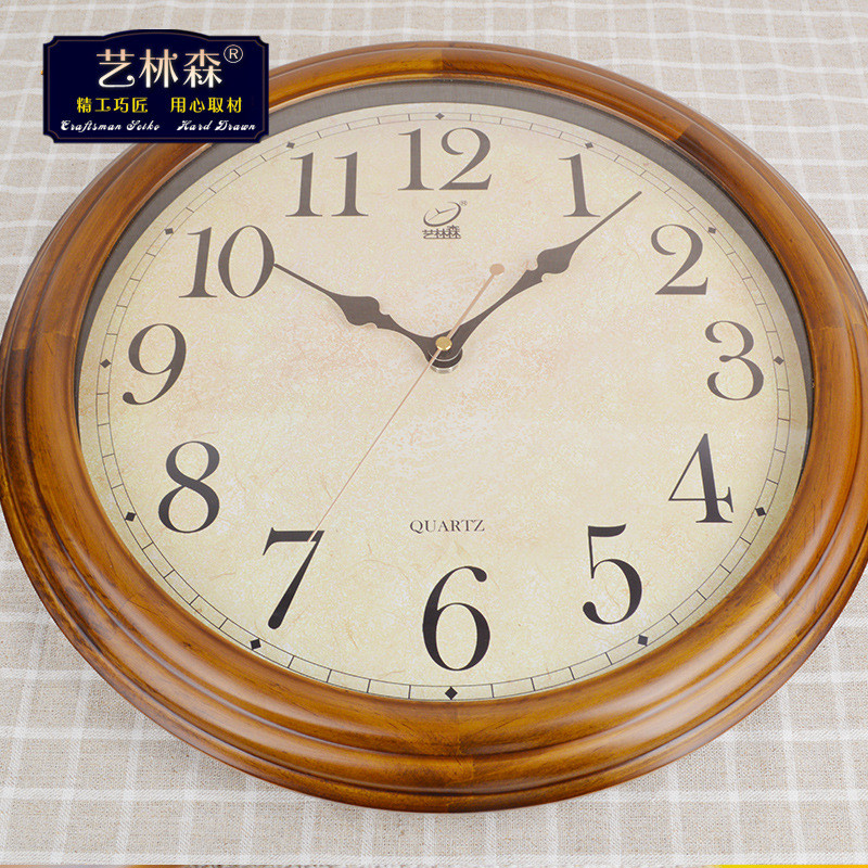 热销16寸复古实木钟挂钟客厅静音时钟办公挂表挂墙古韵石英钟