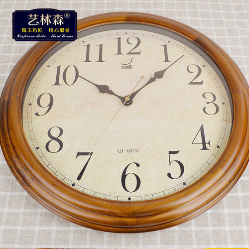 热销16寸复古实木钟挂钟客厅静音时钟办公挂表挂墙古韵石英钟