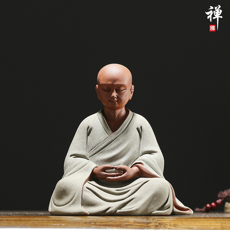 禅意紫砂小和尚茶宠人物禅僧小沙弥茶道桌面玄关客厅鱼缸中式摆件