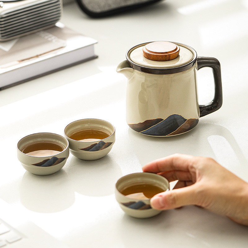 热销快客杯而川草木灰旅行茶具一壶三杯陶瓷杯便携山山户外旅游泡