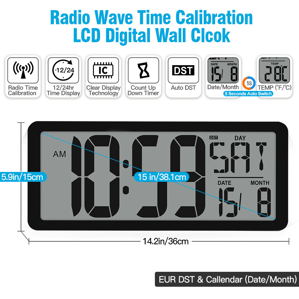 厂家直销英文14.2含多功能电波校时英寸贪睡闹钟正倒计时器挂钟