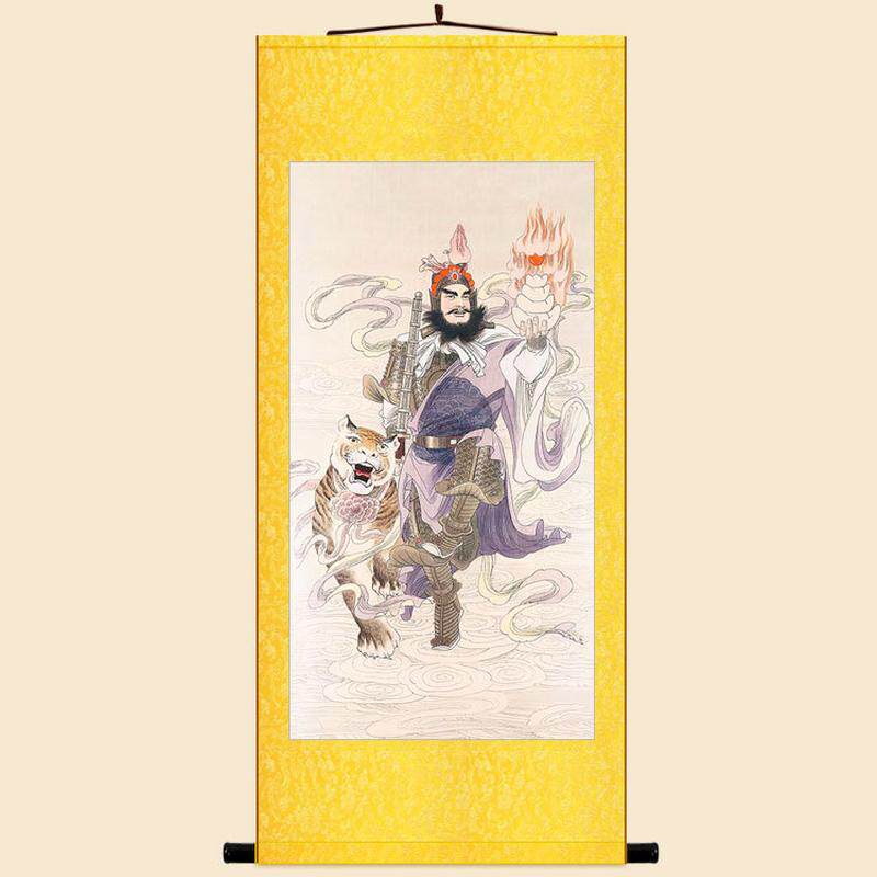 ri0t武画像赵公明画虎赵玄坛黑卷轴挂画丝绸画装饰字画