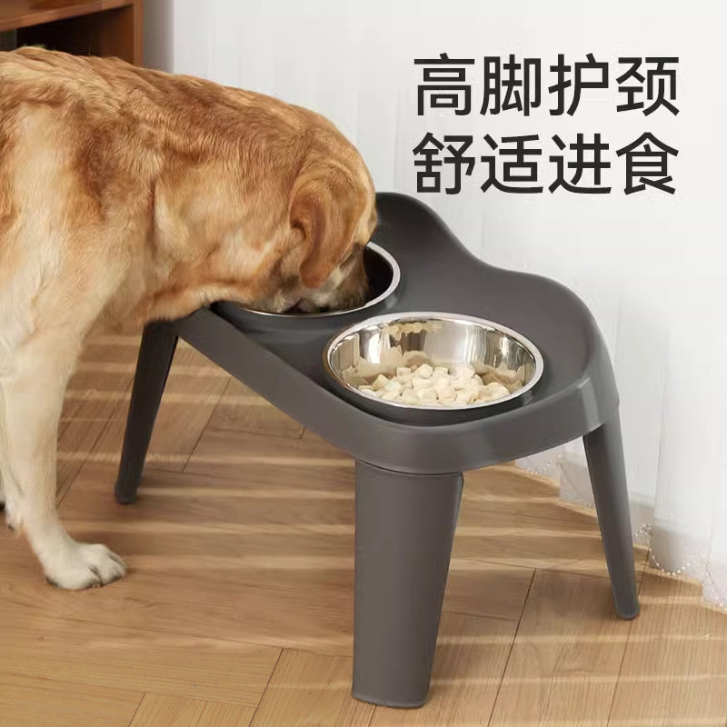 狗碗狗盆不锈钢狗狗饭盆金毛粮碗中大型犬护颈防打翻高脚双碗餐桌