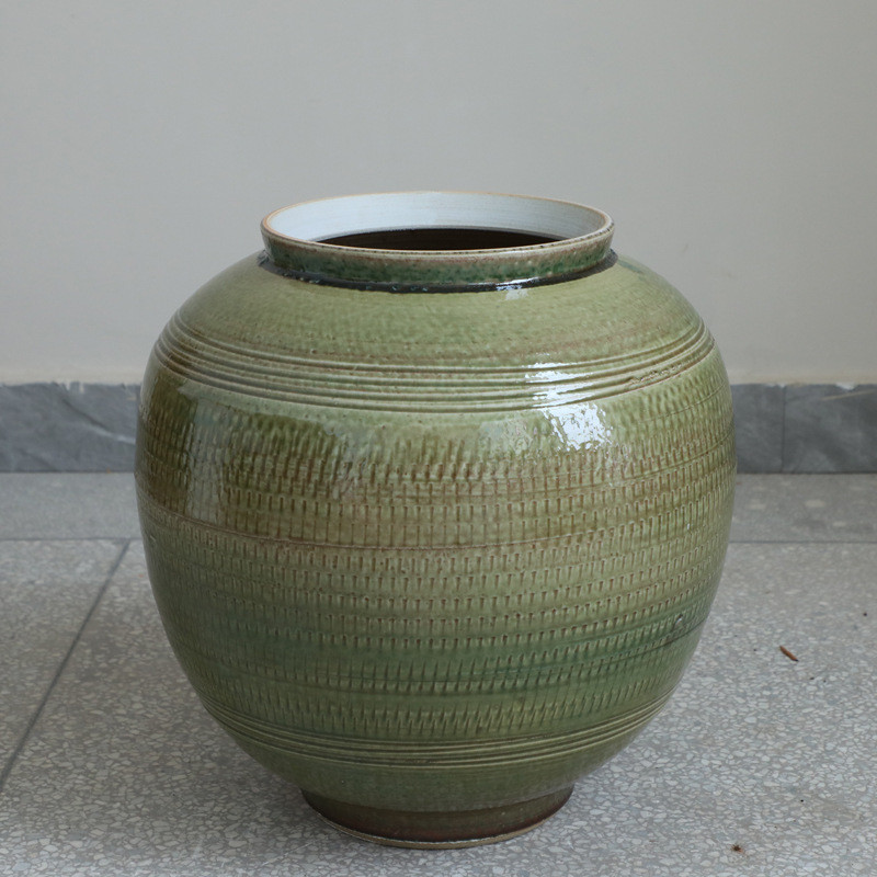 景观园林装饰月亮摆件简约绿色大型插花罐陶瓷落地花瓶油画罐民宿