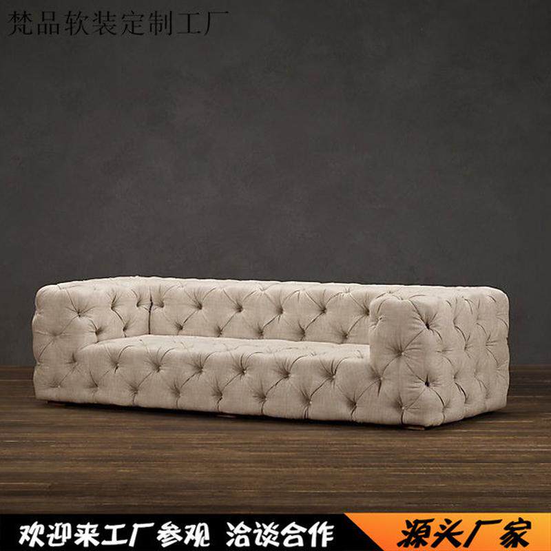 北欧棉麻美式拉扣三人沙发布艺乡村复古客厅民宿单人双人外贸沙发