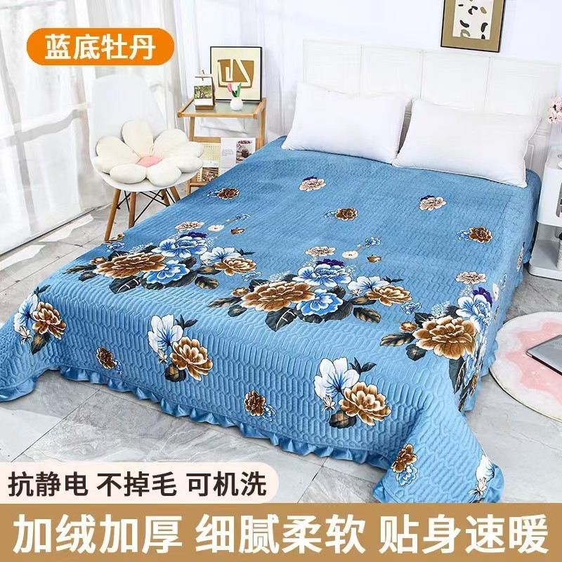 冬季水晶绒床盖单件三件套双层夹棉绗缝工艺盖毯榻榻米罩加绒床单
