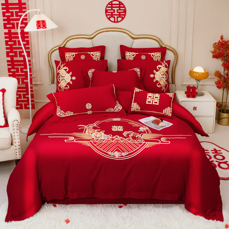 轻奢全棉红色结婚四件套婚庆床上用品新中式刺绣床单被套南通家纺