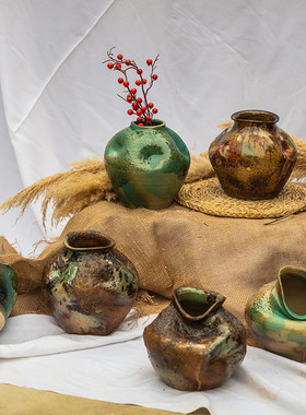 粗陶瓷花瓶陶瓶插花复古怀旧手工民宿酒店侘寂风禅意摆件