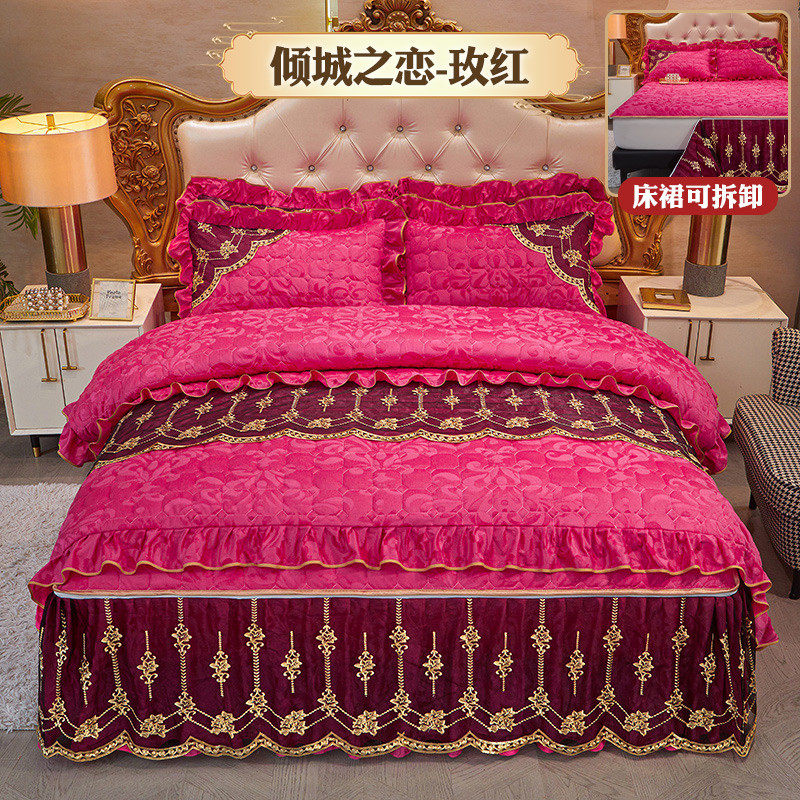 86m0水晶棉加厚床裙四件套床单可拆卸夹绒床罩冬法兰绒2.4加大被