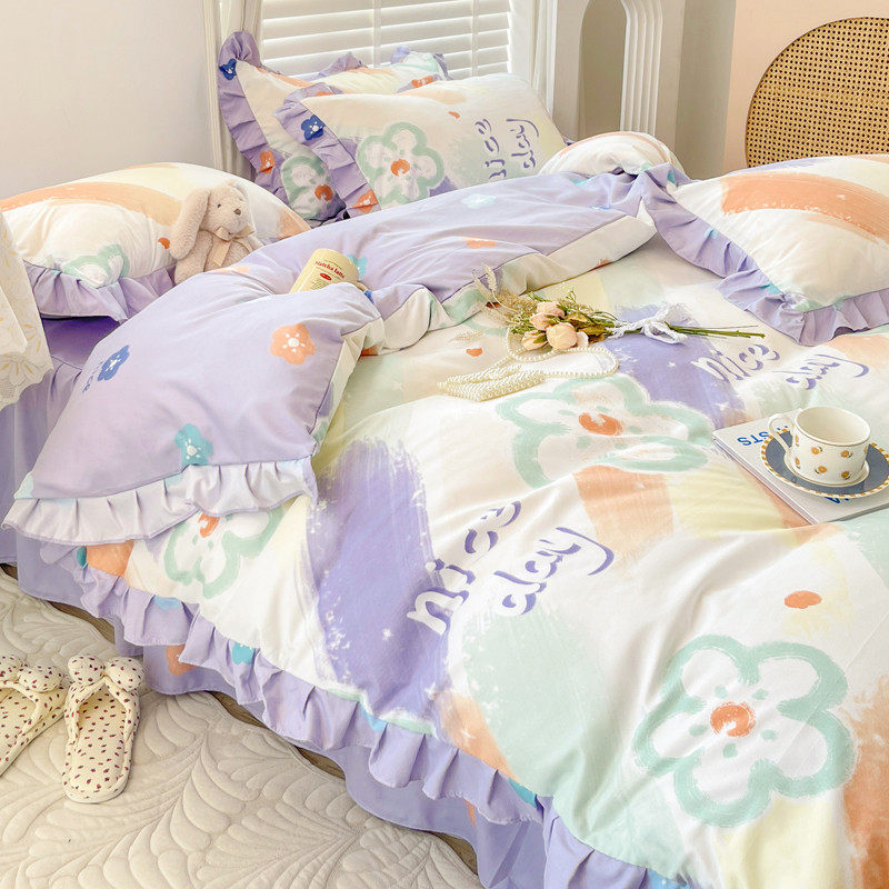 t5lp韩式床上床单四件套床品公主风花边被套三件套磨毛床裙春女孩