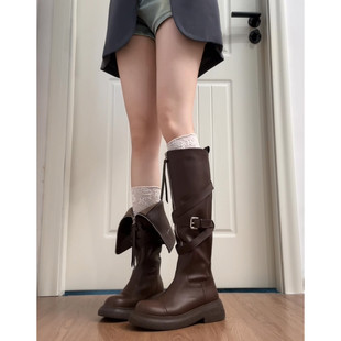 牛皮版 真皮厚底圆头美拉德长靴高筒骑士靴女复古英伦长筒西部靴