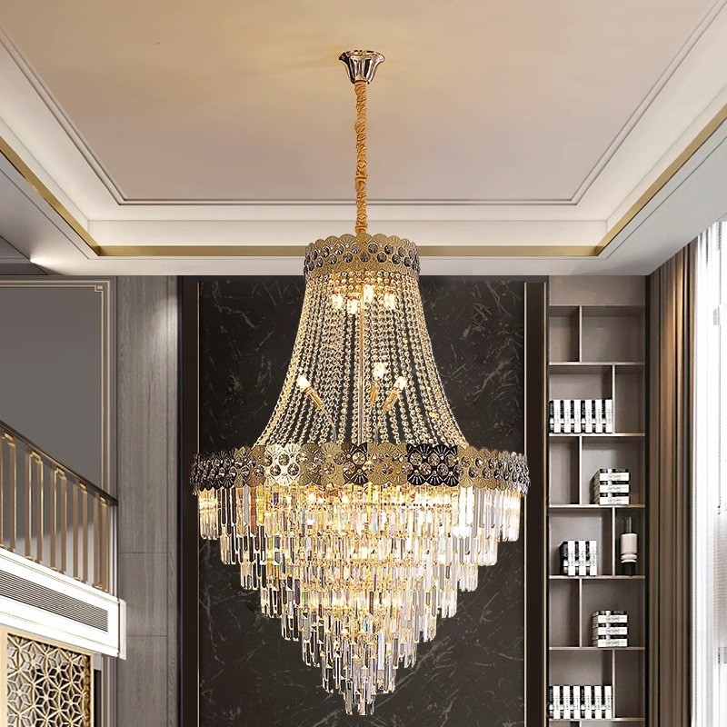 热销轻奢复式楼客厅大堂吊灯中山灯饰批发酒店婚礼大水晶灯别墅大