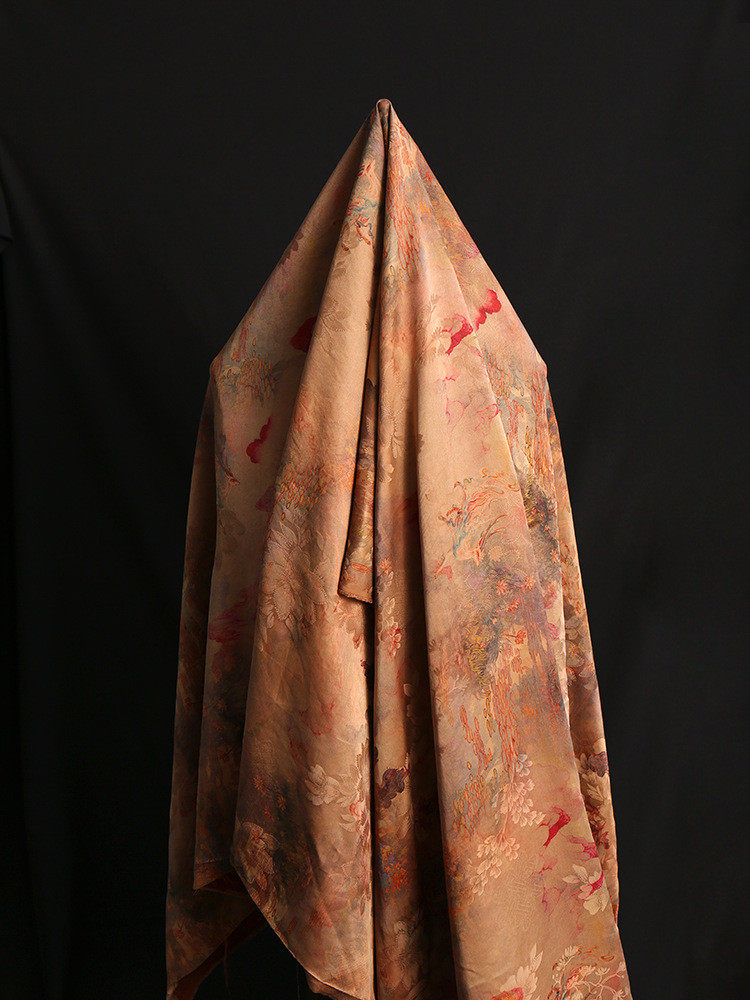 天丝布料 双面非遗香云纱红云纱花萝面料桑蚕丝山海经提花高档服装布料