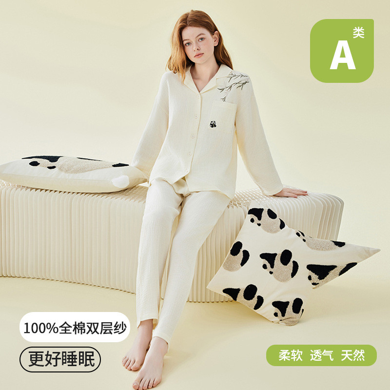 A类双层棉纱睡衣女春秋季长袖刺绣中国风女士纯棉睡衣家居服套装