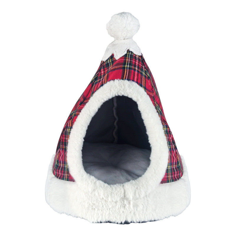 冬季圣诞圣诞猫窝加密耐磨保暖半封闭式宠物屋多功能节日帽宠物窝