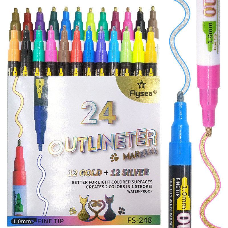 彩色荧光勾线笔马克笔装双线轮廓笔24支彩色立体学生手账笔,文具电教/文化用品/商务用品,记号笔,淘宝优惠券,粉丝福利购,淘宝优惠卷