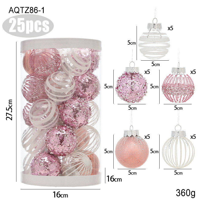 装饰吊球5cm塑料圣诞球25个桶装粘粉电镀球圣诞树挂件新品套装