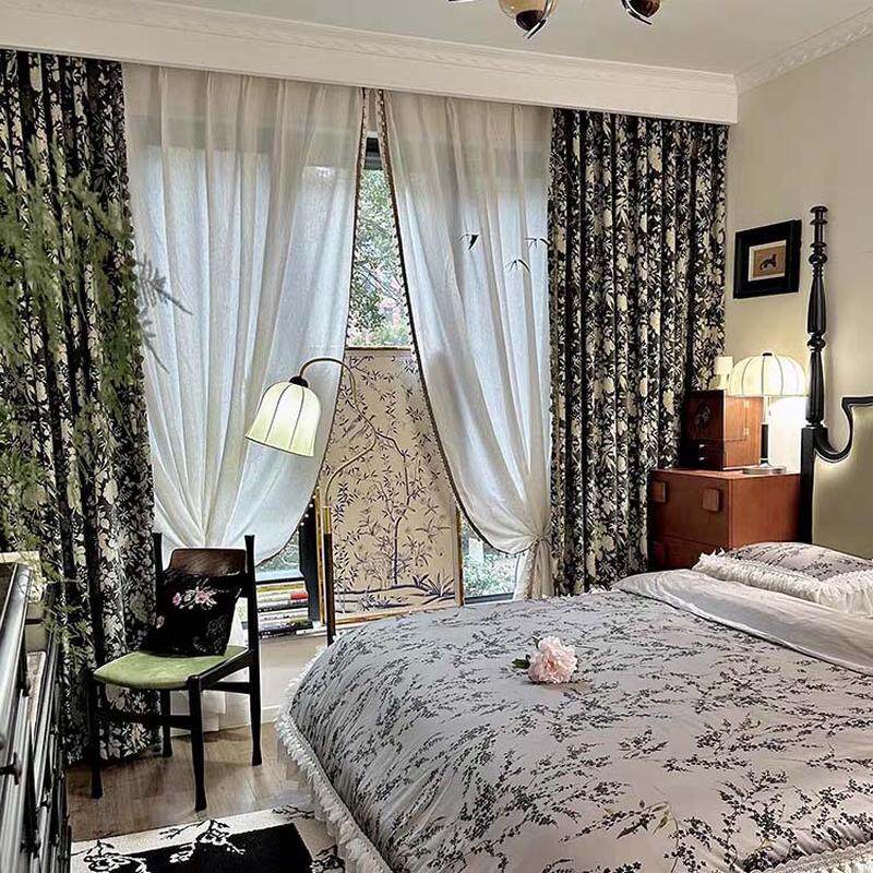 复古美式中飘窗窗帘法式雪尼尔色织提花卧室客厅古风遮光成品窗帘