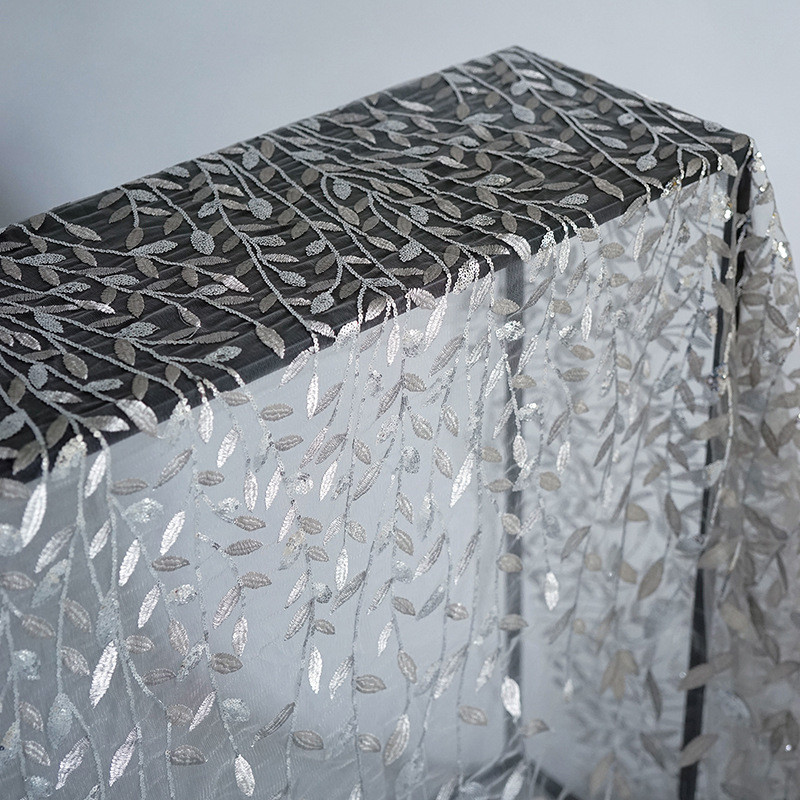 网纱桌布 灰色叶子银色亮片甜品台桌布 垂顺不怕皱桌 摄影背景布