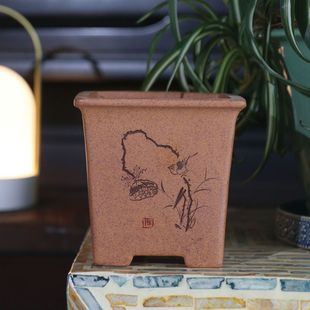 宜兴紫砂花盆柴烧苏兰花盆精品桌面室内四方兵手工正方形盆景盆