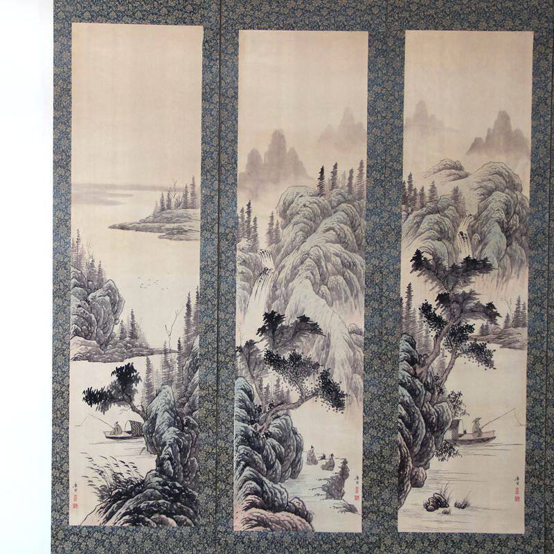杂件中堂画四条屏字画国画山水画唐寅唐伯虎樵人晚归挂画已装裱
