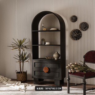 美式复古拱形一体陈列柜酒柜客厅玄关柜藤编展示柜中古风黑色书柜