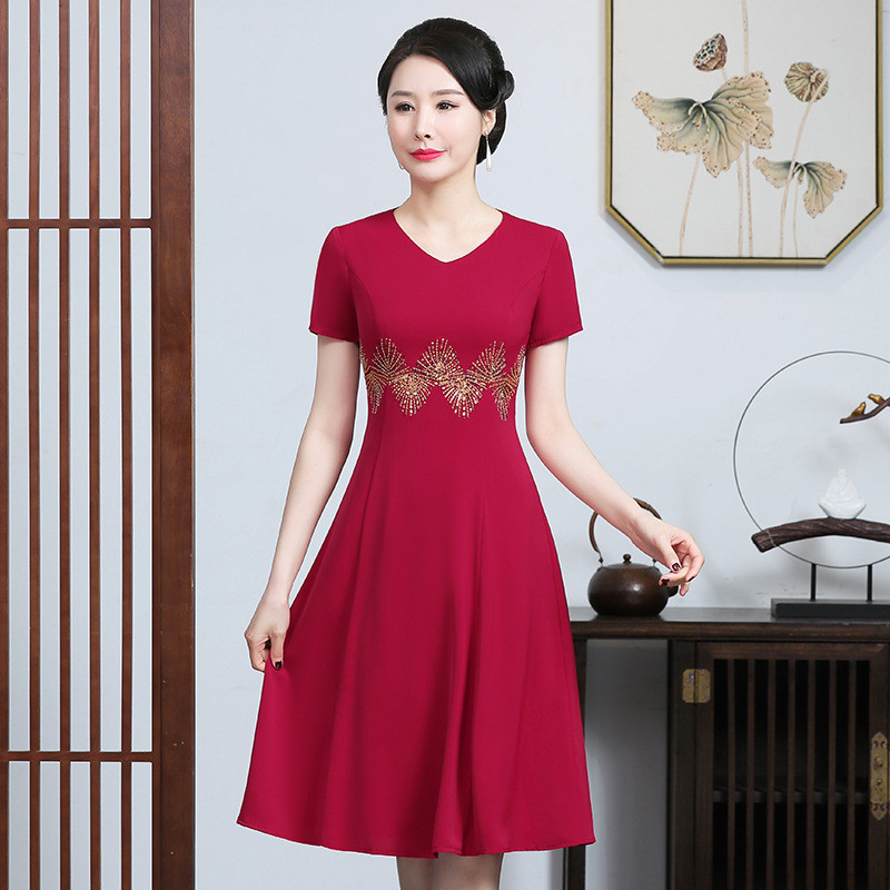 夏季新款刺绣雪纺连衣裙洋气显瘦中年妈妈装礼服裙女一件代发