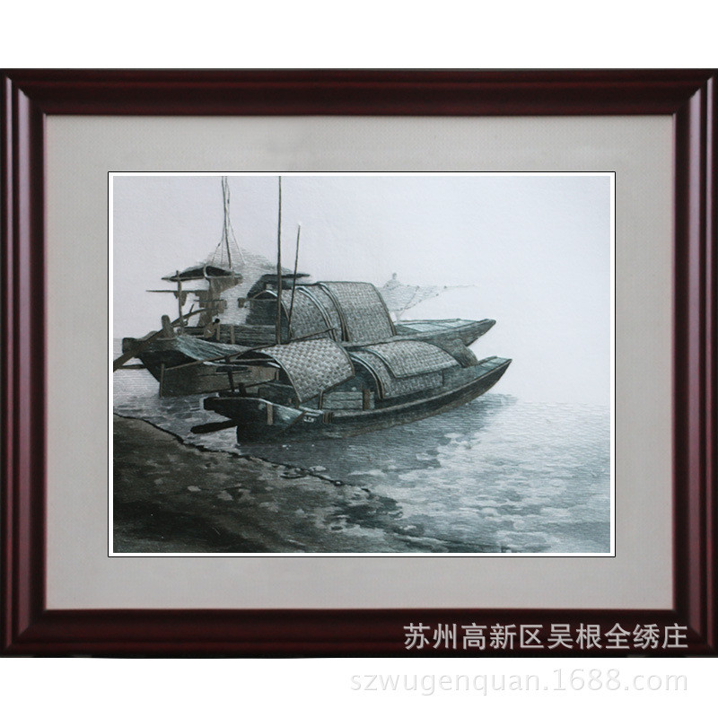 苏绣成品挂画客厅书房卧室框带现代装饰画苏州手工刺绣江南水乡图片