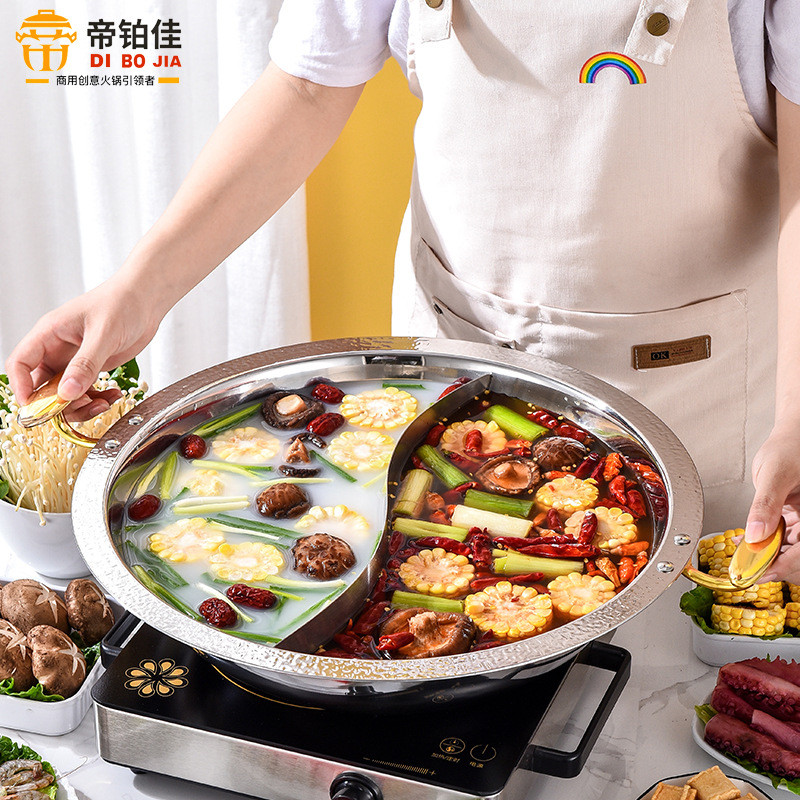 304不锈钢火锅盆电磁炉锅三层钢加厚锤印清汤鸳鸯锅火锅商用锅具