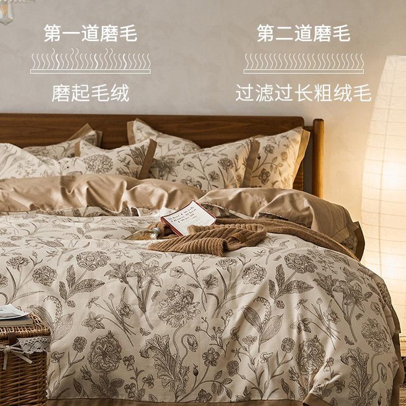 中式风100支全棉长绒棉双面磨毛四件套秋冬可用纯棉床单被罩枕套4