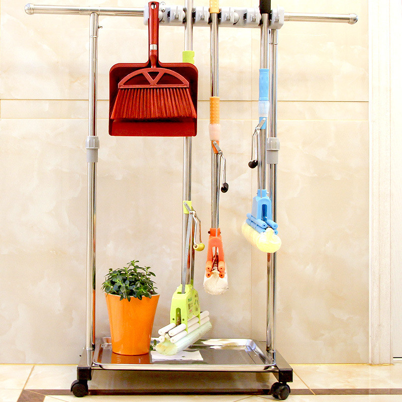 挂钩置物架移动不锈钢落地式拖把架收纳整理架子可结实稳固包邮