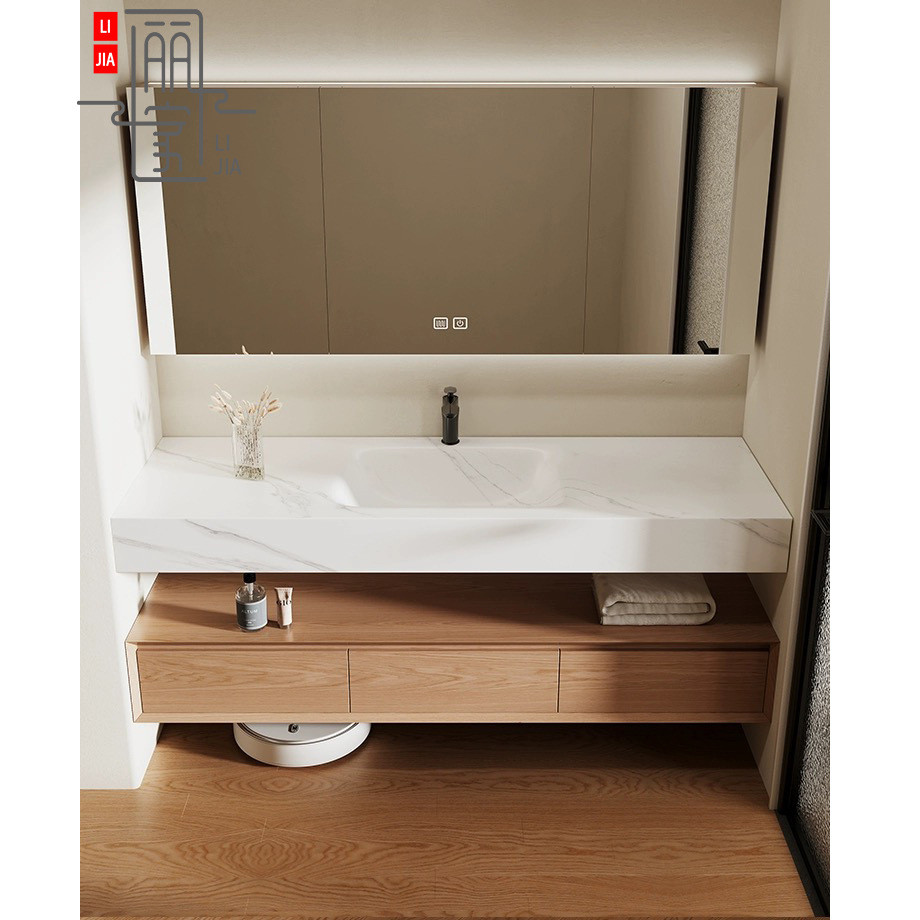 日式原木色岩洗漱热弯一体盆浴室柜组合卫生间双层洗脸板陶瓷台盆