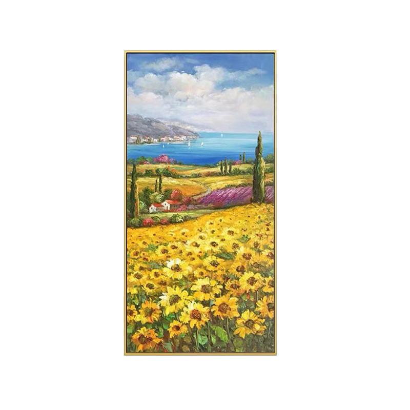 壁画手绘装饰画向日葵竖版手绘立体油画酒店玄关走廊过道挂画图片