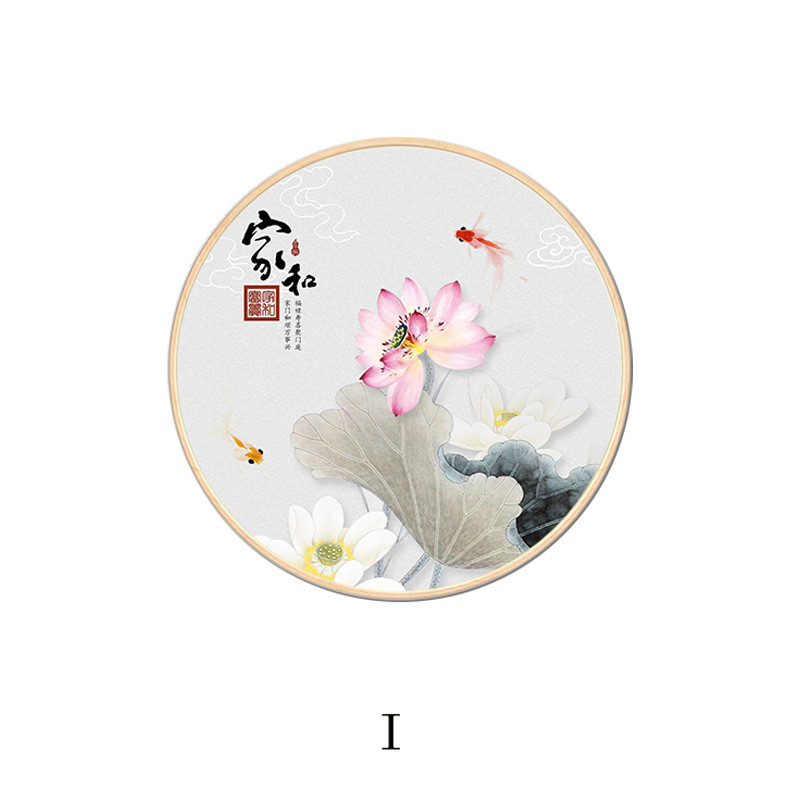 中式圆形来荷花装饰画玄关挂画沙发背景墙画支持意境图自定义图片
