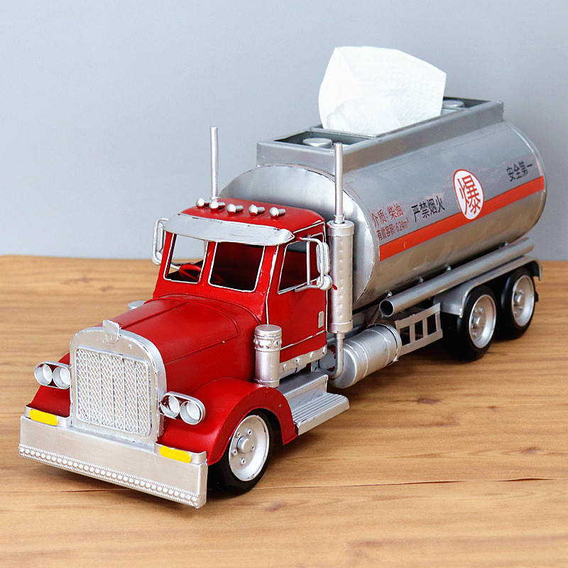 复古铁艺油罐车抽纸盒纸巾盒卡车模型创意手工工艺品摆件家居软装