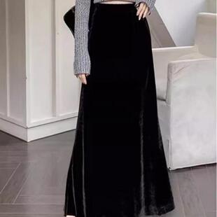 高腰高级垂感A字长裙子 高端真丝丝绒鱼尾半身裙法式 2024秋季 新款