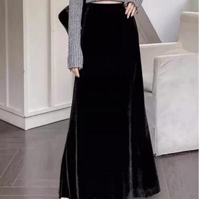 2024秋季新款高端真丝丝绒鱼尾半身裙法式高腰高级垂感A字长裙子