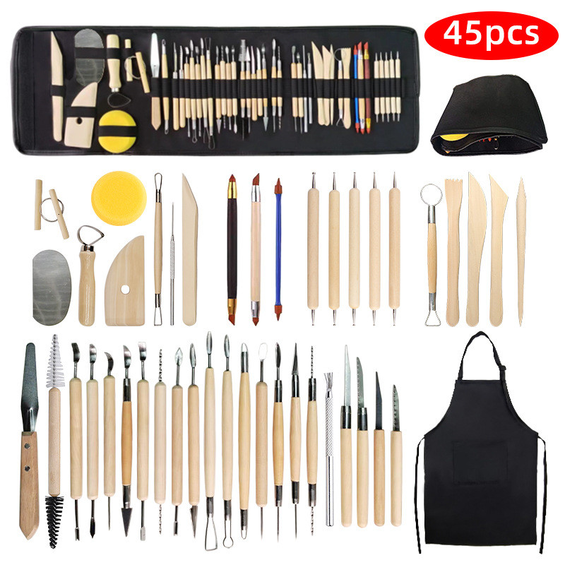电商陶艺工具45件套陶泥泥塑点压痕雕刻刀钻笔围裙粘土工具