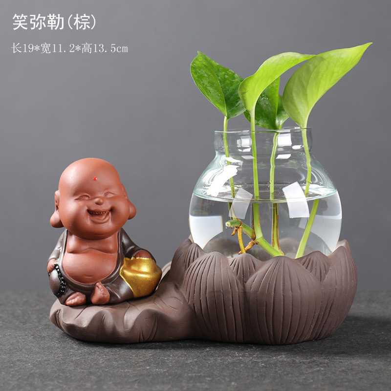 宇轩玻璃花瓶紫砂荷塘弥勒摆件金猪水培植物花插绿萝容器小鱼养