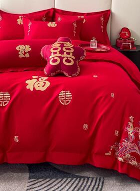 中式龙凤结婚四件套大红色床单被套工厂被婚庆床上用品喜一件批发